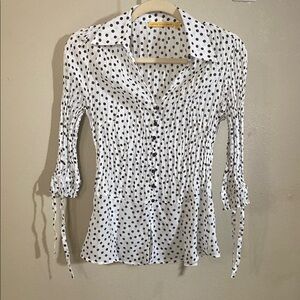 Vintage White and Black Ruched Puff Sleeve Blouse